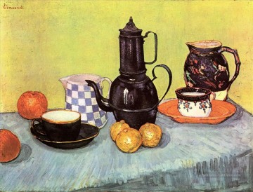 Nature morte avec émail bleu Coffeepot Faïence et fruits Vincent van Gogh Peinture à l'huile